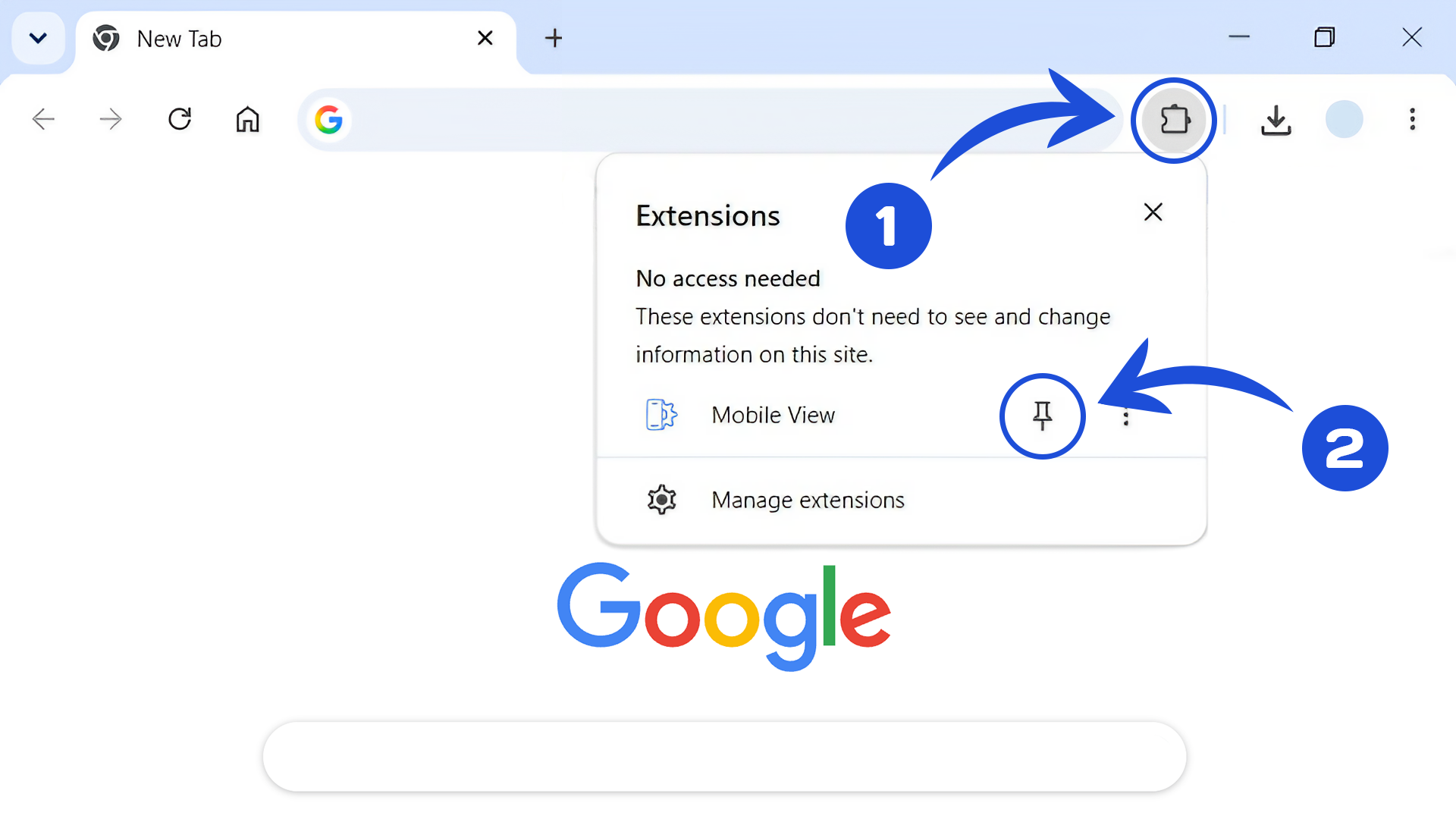 Step 1: Open the Extensions menu in the Chrome toolbar. Step 2: Click the pin next to Mobile View.